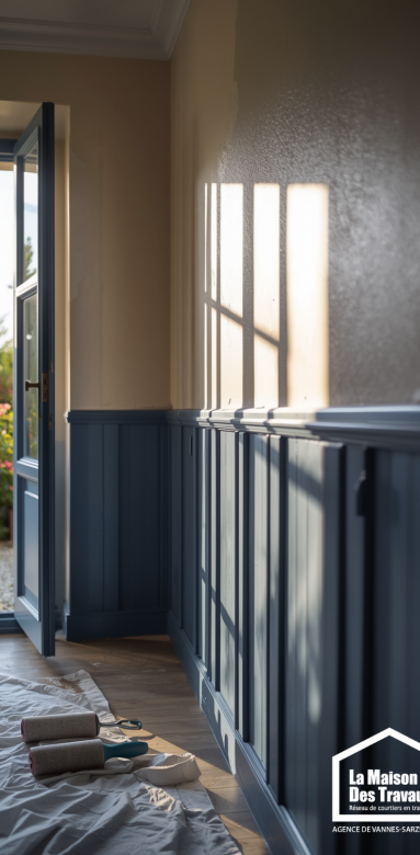 Rafraîchissement de peinture blanc et bleu marine dans une chambre de résidence secondaire à Sarzeau, Morbihan