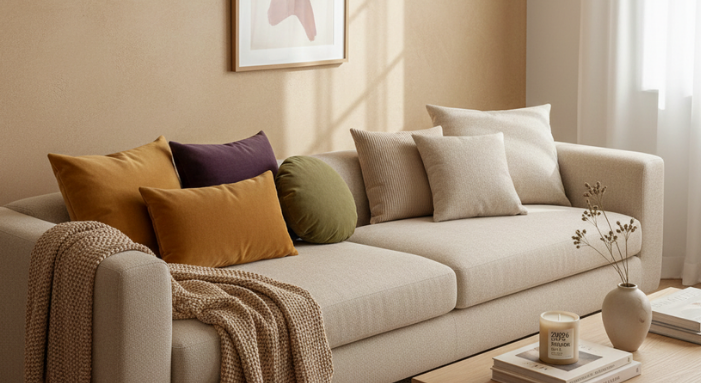 canapé dans des tons neutres, avec une touche de jaune curcuma et d'aubergine