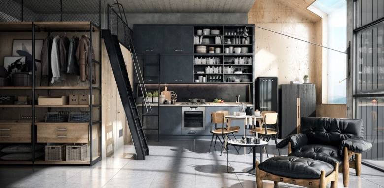 Salon avec bibliothèque style factory