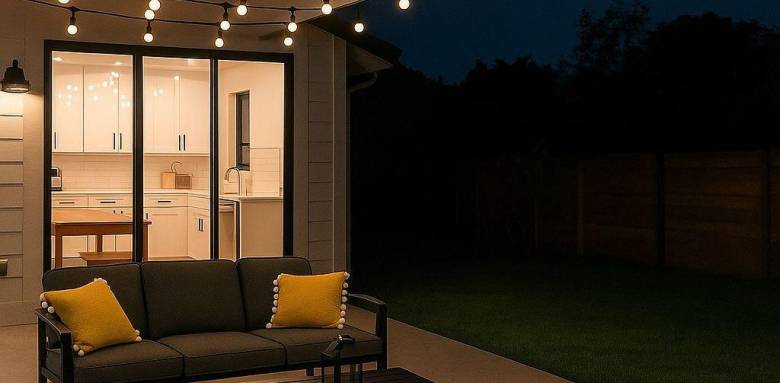 terrasse extérieure éclairée avec guirlandes lumineuses pour un usage confortable en soirée