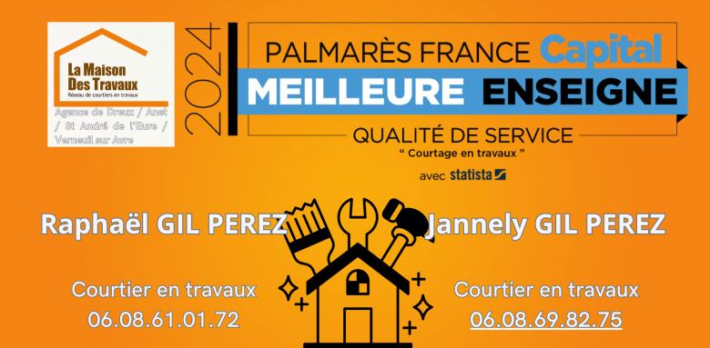 👉 Courtier en travaux à Dreux : Raphaël et Jannely GIL PEREZ vous accompagnent avec un service primé en 2024.