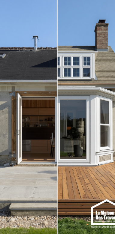 Comparatif avant-après d'une rénovation de terrasse avec création d'une cuisine d'été et pose de baie vitrée.