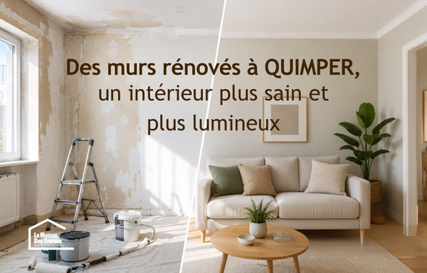 Illustration d'une rénovation de murs et plafonds à Quimper montrant la transformation d'un intérieur plus lumineux, confortable et moderne. Découvrez comment une préparation soignée des supports améliore durablement la qualité dans le Finistère Sud.