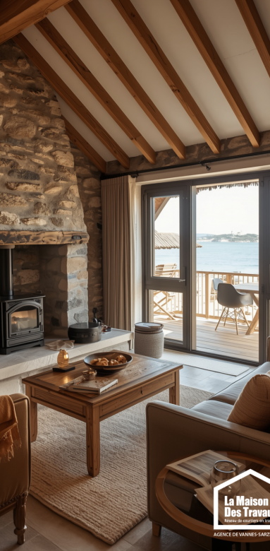 Courtier en travaux Morbihan conseillant des clients dans leur résidence secondaire avec vue mer à Sarzeau, Bretagne.