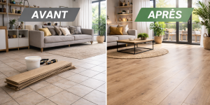 Avant après rénovation d’un sol avec pose d’un parquet stratifié Lyon