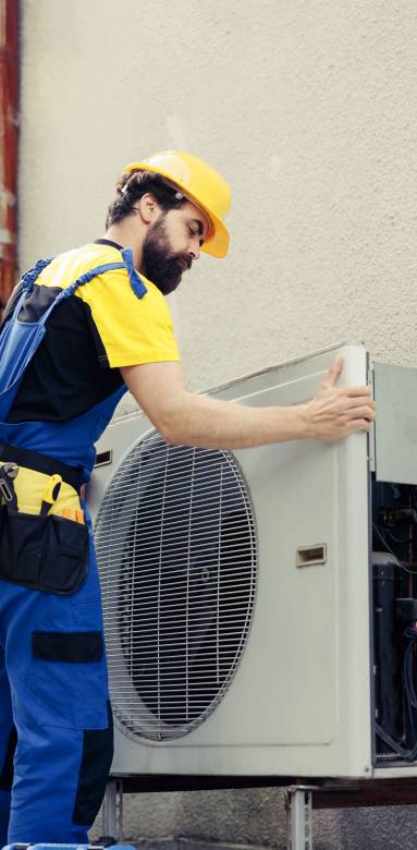 Installation de l'unité extérieure de pompe à chaleur en façade d'immeuble d'habitation - Le Raincy 93