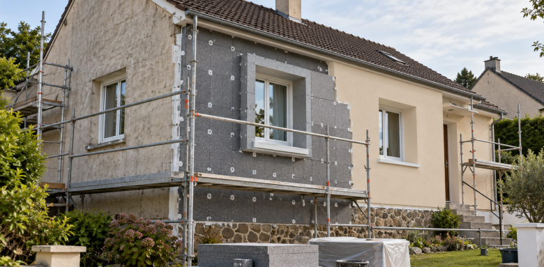 Maison en rénovation énergétique avec échafaudages