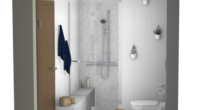 Accès douche par le banc et paroi sur-mesure