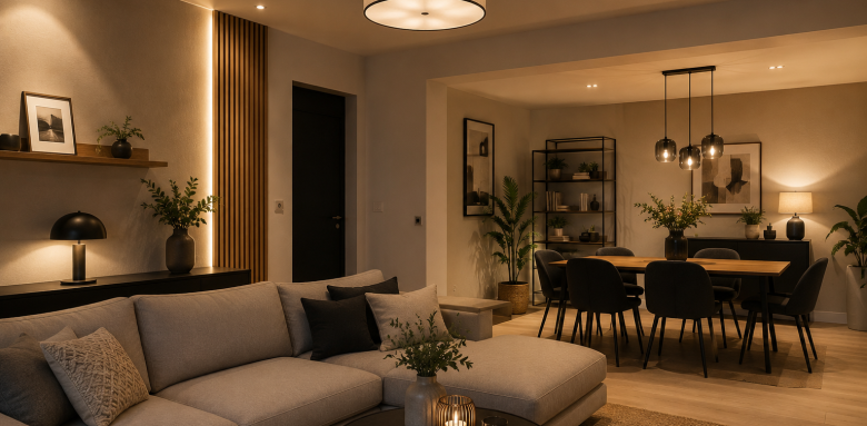 Salon et salle à manger modernes avec éclairage d'ambiance, suspension design et luminaires LED créant une atmosphère chaleureuse.