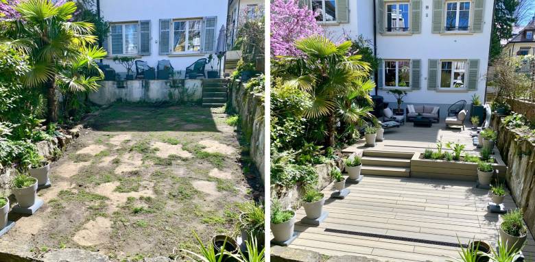 Avant/après d’un jardin transformé en terrasse conviviale avec plantes et mobilier extérieur.