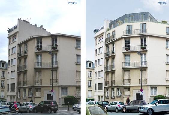 Surélévation d'immeuble en copropriété en centre-ville - avant après - Bouc-Bel-Air 13