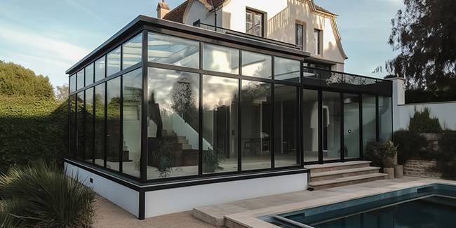 Véranda acier prfilés marches accès près piscine