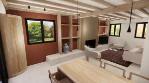 Vue 3D aménagement autour de la cheminée