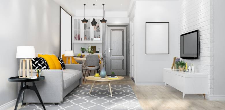 Aménagement d'un studio en L avec coin cuisine ouvert sur le salon - Montpellier Lattes 34