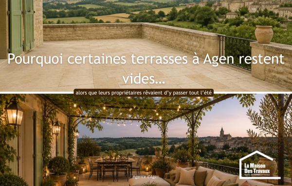 Avant et après l’aménagement d’une terrasse à Agen, illustrant la transformation d’un espace extérieur peu utilisé en véritable lieu de vie convivial.
