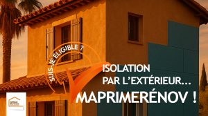 Maison avec panneaux d’isolation extérieure posés sur la façade, visuel “Suis-je éligible ? MaPrimeRénov’ — isolation par l’extérieur”.