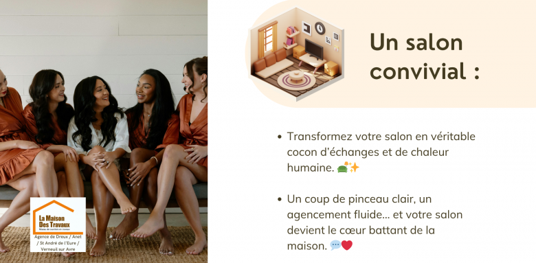 Un salon lumineux et bien agencé devient le théâtre d’échanges sincères et de moments inoubliables avec vos proches.