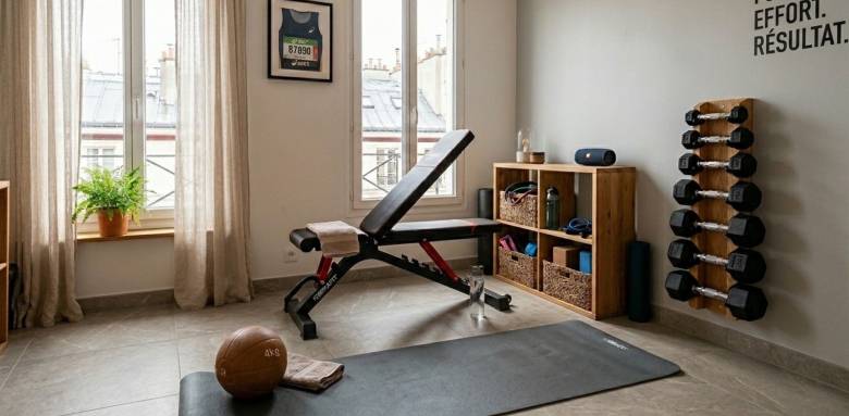 un ancien bureau transformé en salle de sport lumineuse
