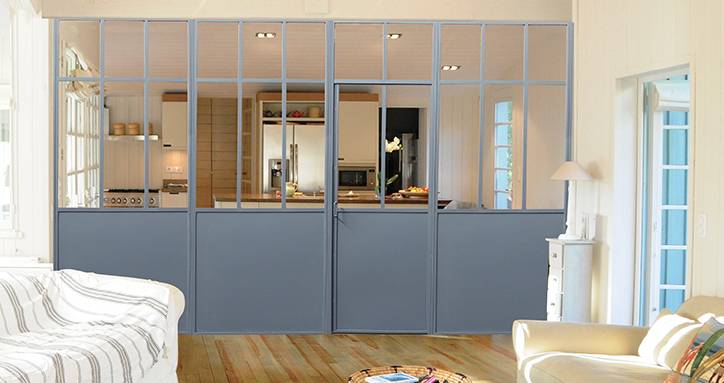 Verrière d'intérieur alu laquée bleu et blanc salle de séjour