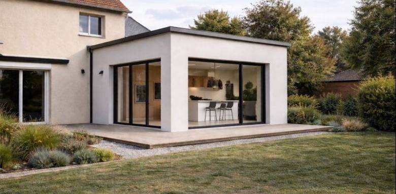 Extension maison toit plat enduit blanc à Francheville 69340