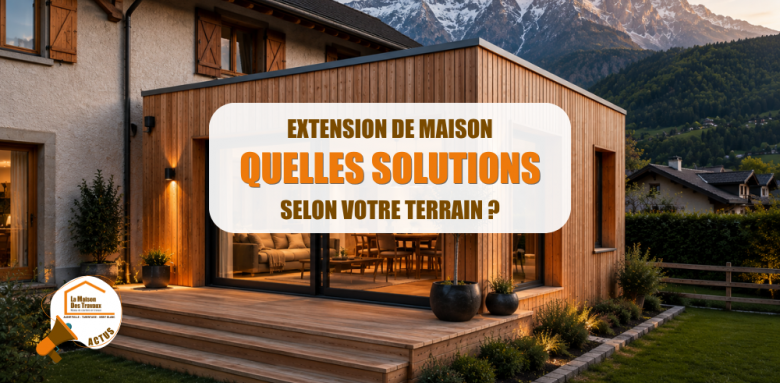extension maison Savoie, agrandissement maison Albertville Moûtiers, extension bois Tarentaise Maurienne, rehaussement toiture maison montagne, extension terrain en pente Savoie, courtier en travaux Savoie