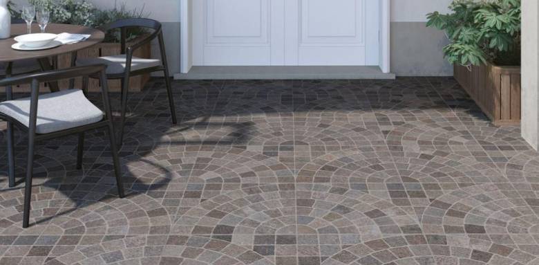 terrasse grès cérame petits carreaux façon rosaces