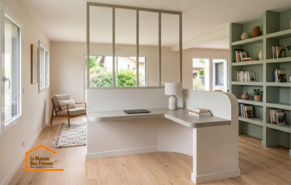 Une bibliothèque intégrée et un bureau d'angle sur-mesure, conçus en béton cellulaire, délimitent astucieusement un espace de télétravail dans ce salon baigné de lumière
