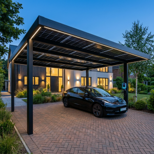 Carport solaire photovoltaïque installé à Carvin pour abriter une voiture et produire de l’électricité