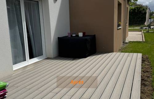Vue rapprochée de la terrasse composite couleur gris pierre – Finition soignée