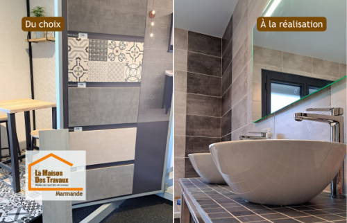 Douche à l’italienne moderne avec carrelage effet béton et finitions soignées réalisée près de Marmande pour une salle de bain élégante et durable.