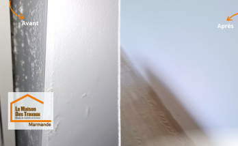 Avant/Après impressionnant à Virazeil : un mur rongé par l’humidité transformé en surface saine et parfaitement repeinte grâce à une rénovation experte.