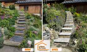 Améliorer esthétique escalier extérieur Belleville, Sécuriser accès maison Belleville 73440, Installation escalier béton extérieur Savoie, Pose revêtement pierres escalier Belleville, Rénovation escalier extérieur armature acier