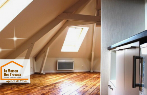 Combles isolés et aménagés, offrant un espace chaleureux et baigné de lumière naturelle.