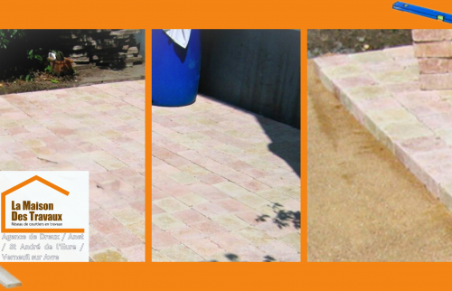 Finition soignée de terrasse à Dreux : pavés bien posés, joints précis, pente discrète pour une évacuation optimale.