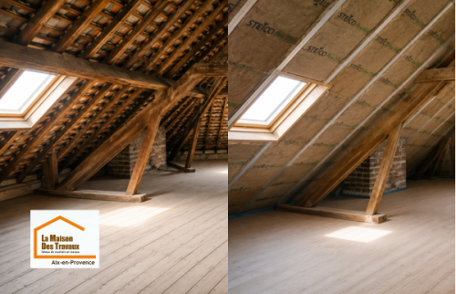 Travaux d'isolation des rampants de toiture à Puyricard avec un isolant haute performance, afin d'améliorer le confort d'hiver, le confort d'été et l'efficacité énergétique du logement.