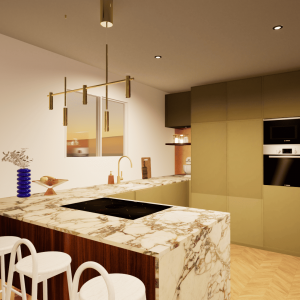 Cuisine, vert, marbre, architecte et décoratrice d'intérieur à Rennes