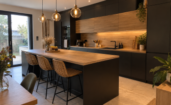 Cuisine contemporaine noire et bois avec grand îlot central, tabourets en rotin, éclairage suspendu et nombreux rangements.