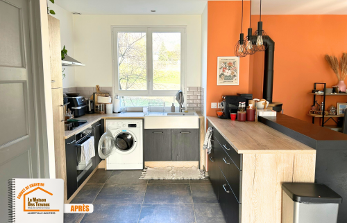 pose carrelage design, carrelage effet pierre, faux plafond avec spots, peinture murale rénovation, revêtement sol cuisine