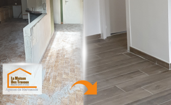 Cette photo montre l’état d’origine de la pièce avant rénovation, avec un carrelage classique et une cloison partielle séparant les espaces. 
