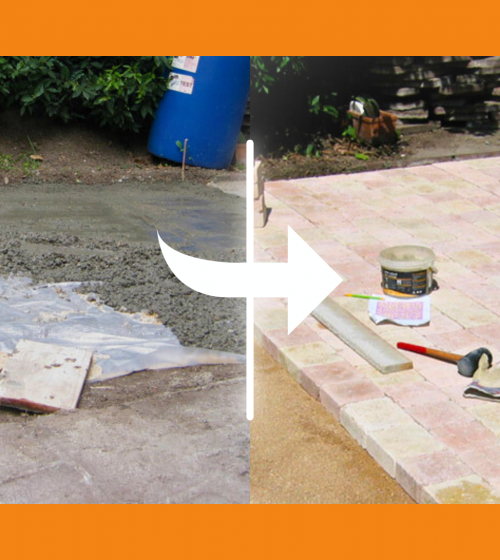 Pose de pavés à Dreux : transformation d’une base bétonnée en terrasse esthétique avec pierre reconstituée.