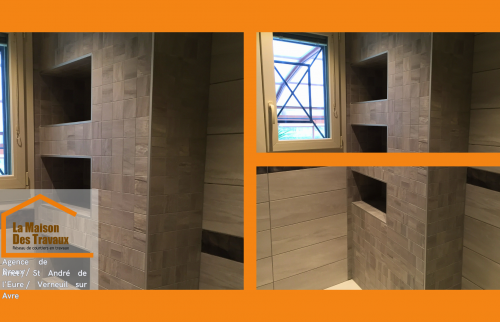 Création de niches murales dans une salle de bain – Optimisation de l’espace avec rangements encastrés et carrelage moderne près de Verneuil-sur-Avre.