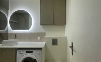 Amenagement petit espace salle de bain buanderie integree et WC suspendu Paris