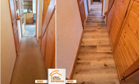 rénovation sol Méribel, remplacement moquette parquet, La Maison des Travaux Albertville, parquet appartement montagne, rénovation intérieure Savoie