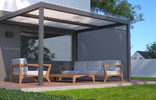 Montage pergola bioclimatique sur terrasse béton avec store latéral de protection à Villenoy - 77124 -