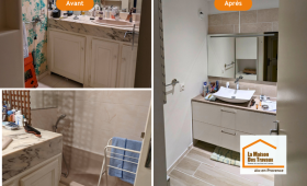 Avant / après d’une rénovation de salle de bain à Aix-en-Provence avec remplacement d’une baignoire par une douche sécurisée, nouveau meuble vasque et revêtements modernes.