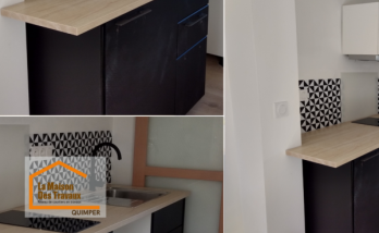 Détail du plan de travail effet bois installé lors d’une rénovation de cuisine à Quimper, apportant chaleur et modernité à l’espace.