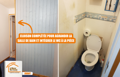 rénovation salle de bain Grésy-sur-Isère, modernisation salle d’eau, pose WC suspendu, faïence bleue tendance, faux plafond LED