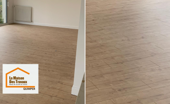Rénovation de sol à Tréffiagat avec pose d’un revêtement aspect bois. Un intérieur lumineux et harmonieux, accompagné par Lucie, courtière en travaux à Quimper.