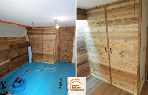 aménagement placard sur mesure, optimisation espace appartement, placard bois massif montagne, rénovation appartement Les Houches, la maison des travaux sallanches