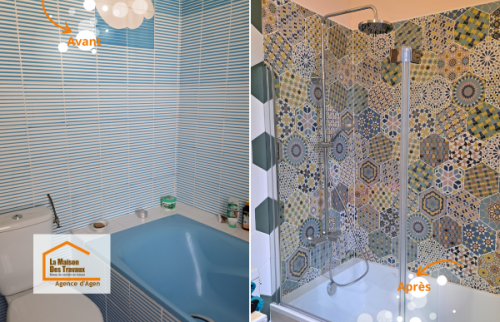 Avant / après d’une rénovation de salle de bain entre Agen et Boé : transformation complète d’un espace ancien en une pièce moderne et lumineuse.